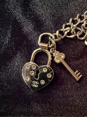 Heart Padlock and Key Charm Bracelet - Silver with Rhinestones